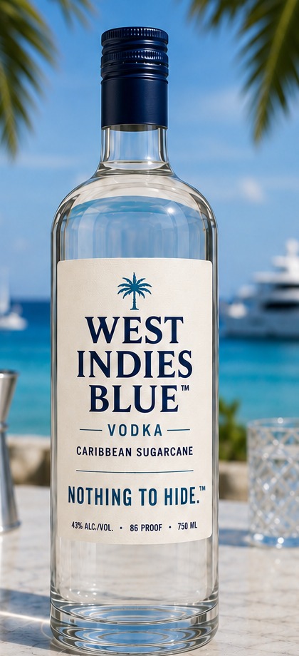 West Indies Blue Vodka bottle on marble with a Caribbean sea behind it