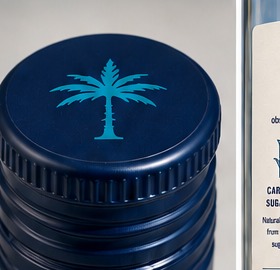 Navy blue bottle cap with turquoise palm tree logo